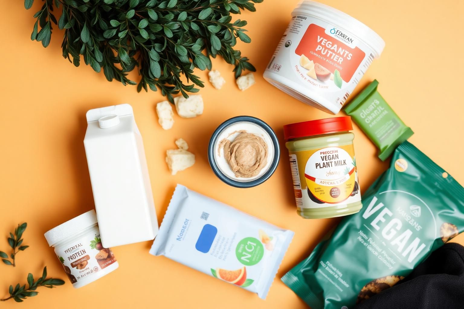 Selection of vegan grocery, skincare and household products for a buying guide