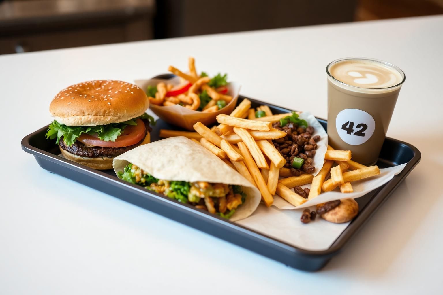Fast food tray with a plant-based burger, bean burrito, fries and an oat milk coffee