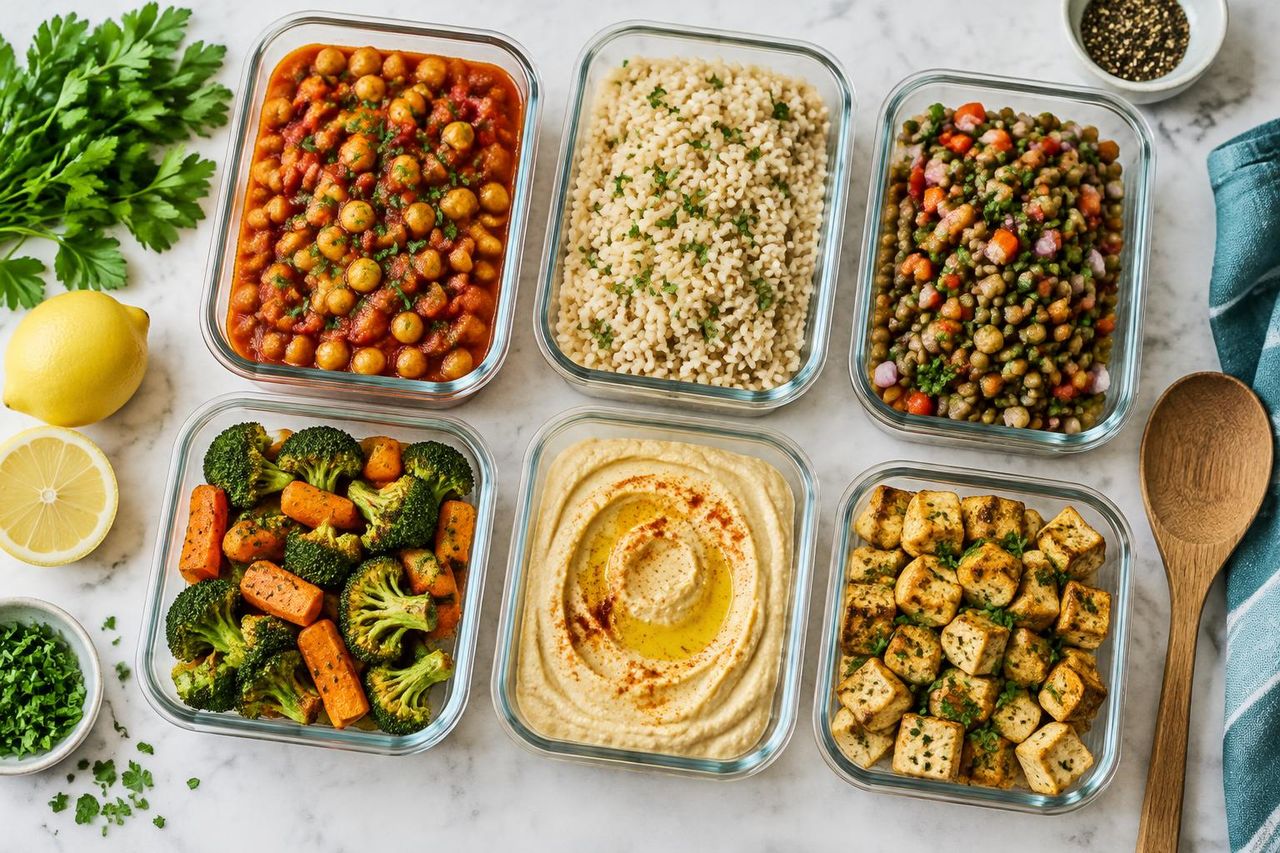 Meal-prep containers with chickpea stew, rice, lentils, roasted vegetables, hummus and tofu
