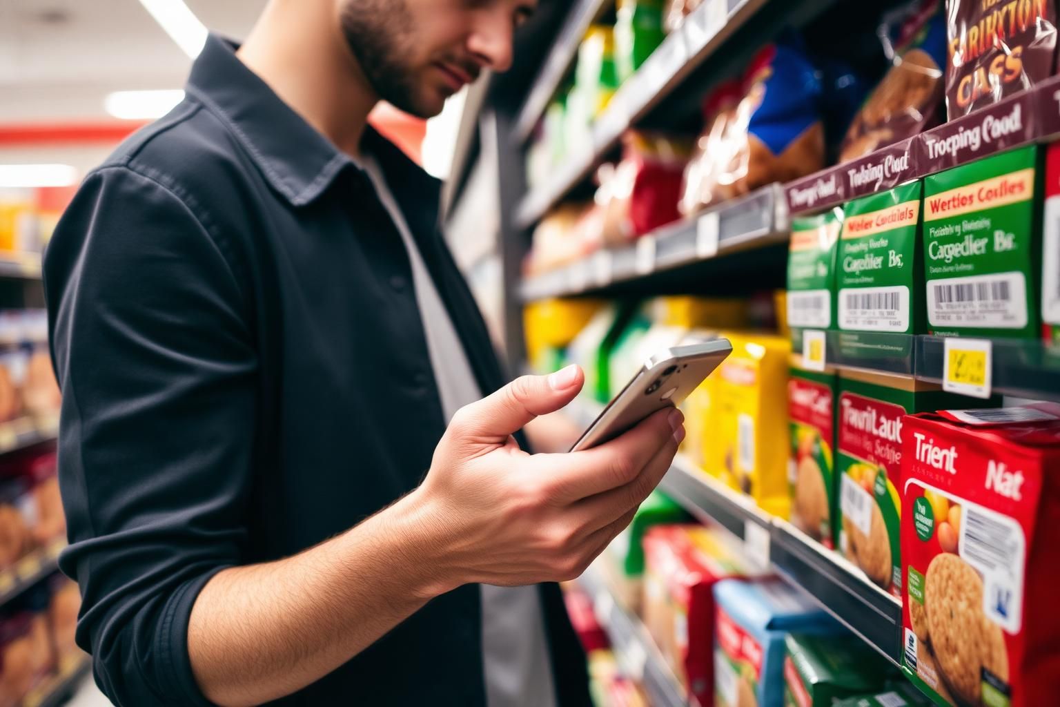 Person checking a packaged food ingredient label in a supermarket