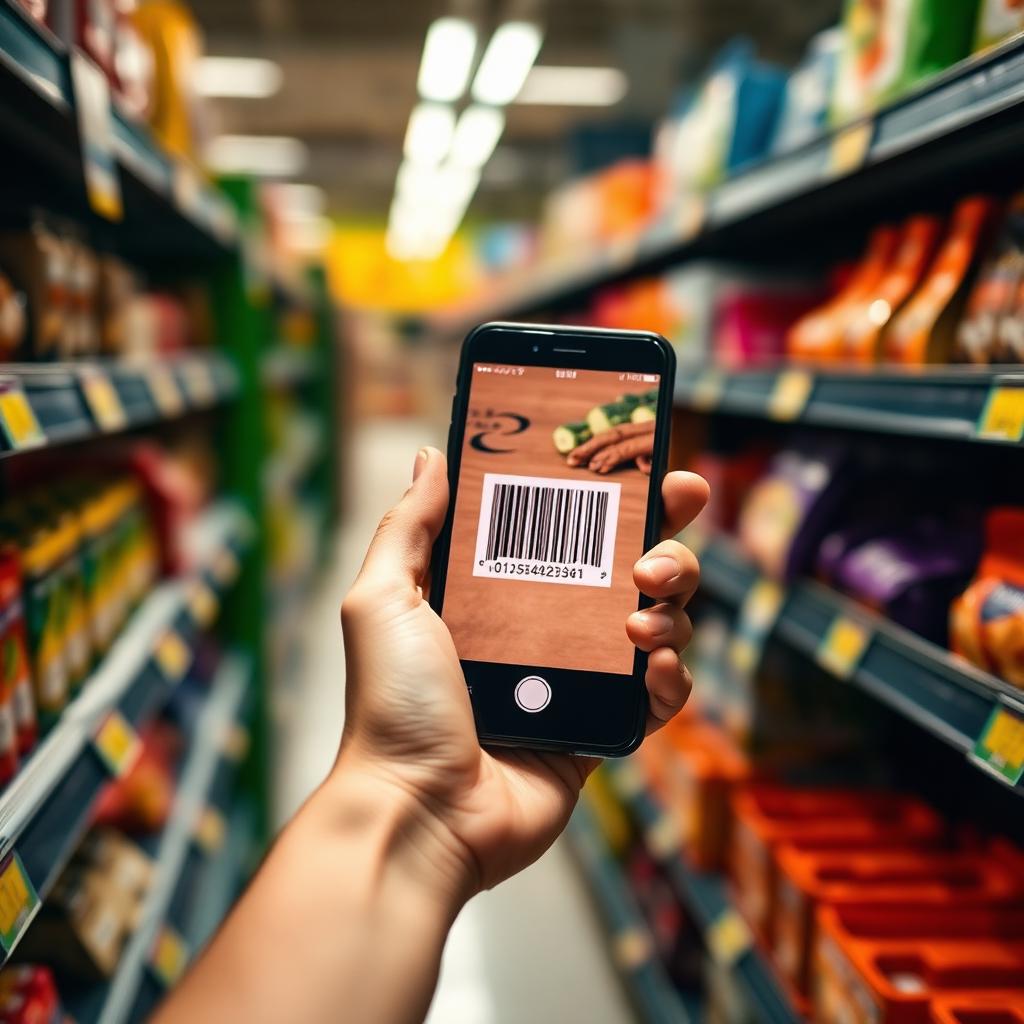 Hand using the VeggieOS free vegan barcode scanner on a product in a grocery aisle