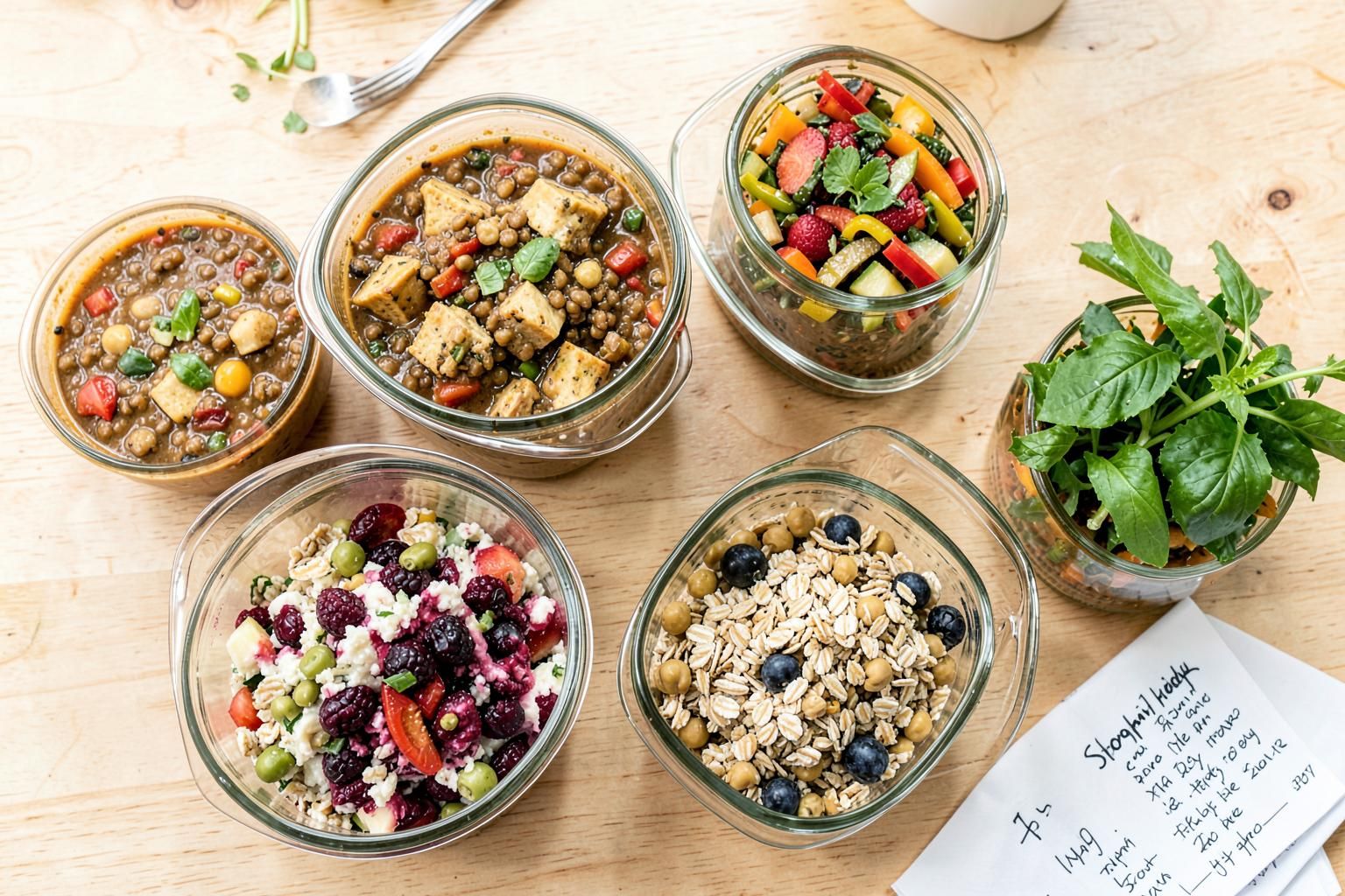A week of batch-cooked plant-based meals in glass containers with a handwritten shopping list