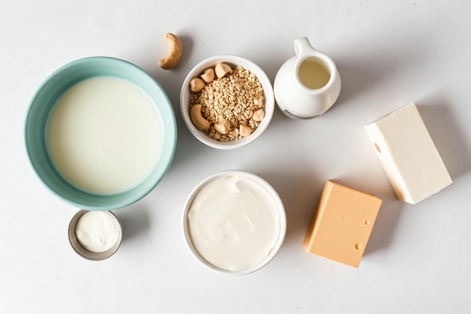 Plant-based ingredients arranged for replacing butter, eggs, cheese and other animal products