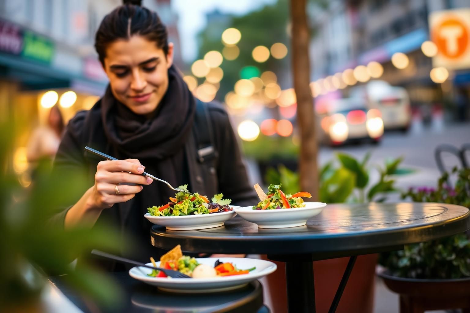 Traveller enjoying a colourful plant-based meal at a city cafe