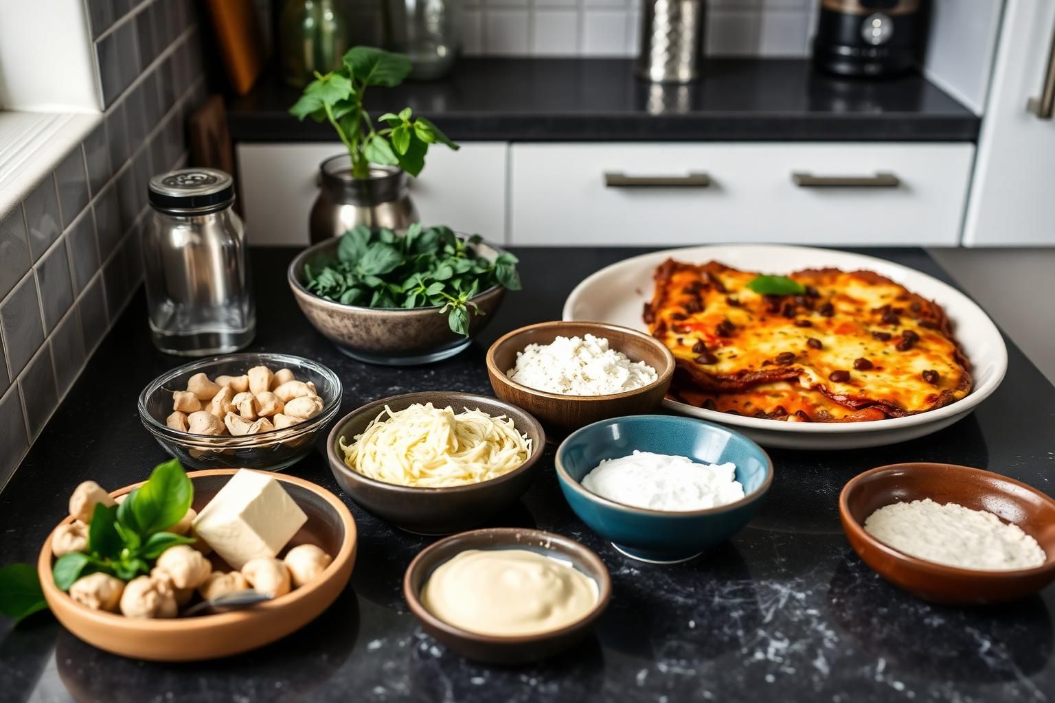 Lasagne beside plant-based substitution ingredients including cashews, tofu and miso